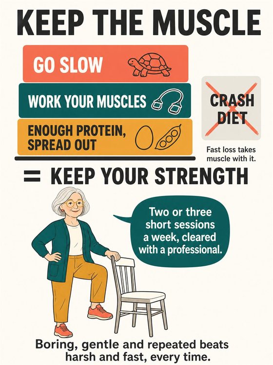 An older adult working through the practical decision represented by “the muscle-preservation plan,” using a clear sequence, supportive environment, and realistic everyday tools.