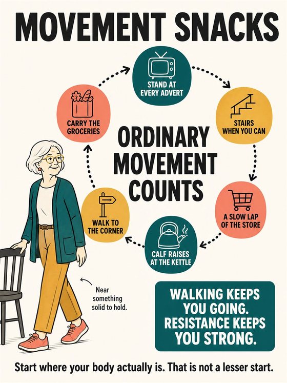 An older adult performing a safe functional movement near sturdy support in a bright home or community setting.