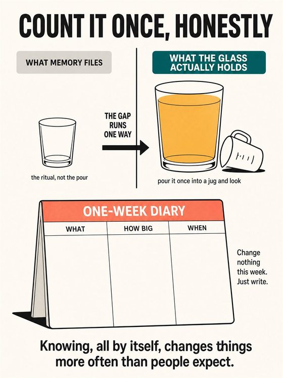 An older adult working through the practical decision represented by “know what you actually drink,” using a clear sequence, supportive environment, and realistic everyday tools.