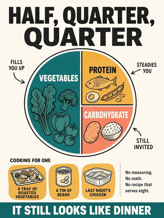 An older adult preparing a practical, colorful meal for one or two with accessible ingredients and an uncluttered workspace.