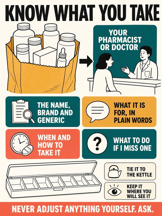 An older adult and pharmacist reviewing a complete medication list and an organized daily system.