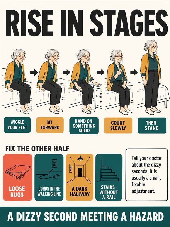 An older adult performing a safe functional movement near sturdy support in a bright home or community setting.