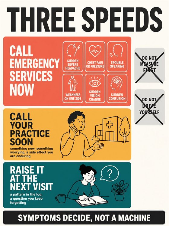 An older adult working through the practical decision represented by “when to seek urgent help,” using a clear sequence, supportive environment, and realistic everyday tools.