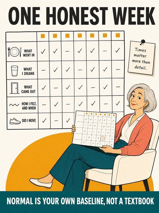 An older adult adjusting meals, fluids, movement, and timing to support digestive comfort, using gentle symbolic flow rather than anatomy.