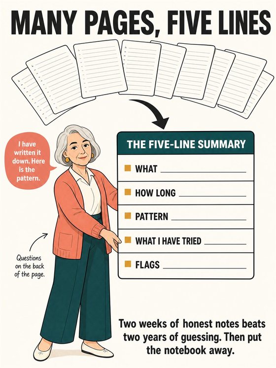 An older adult working through the practical decision represented by “a symptom record your clinician can use,” using a clear sequence, supportive environment, and realistic everyday tools.