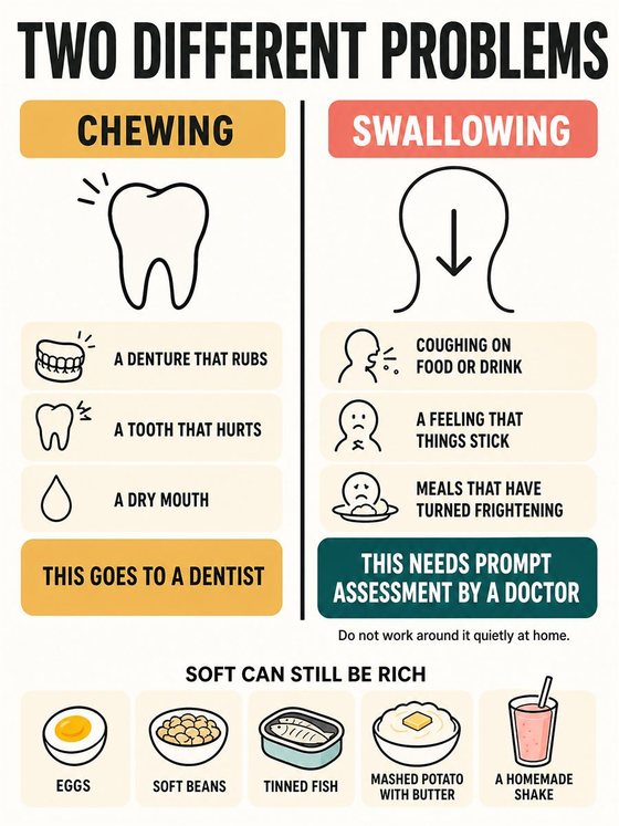 An older adult working through the practical decision represented by “chewing and swallowing,” using a clear sequence, supportive environment, and realistic everyday tools.