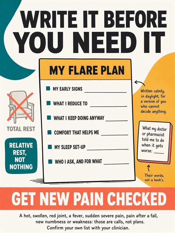 An older adult working through the practical decision represented by “flare plan,” using a clear sequence, supportive environment, and realistic everyday tools.