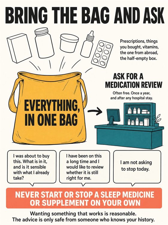 An older adult following a calm evening-to-bed routine with dim light, comfortable environment, and a consistent wake-time cue.