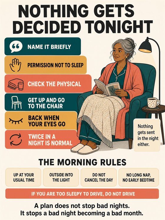 An older adult working through the practical decision represented by “your difficult-night plan,” using a clear sequence, supportive environment, and realistic everyday tools.