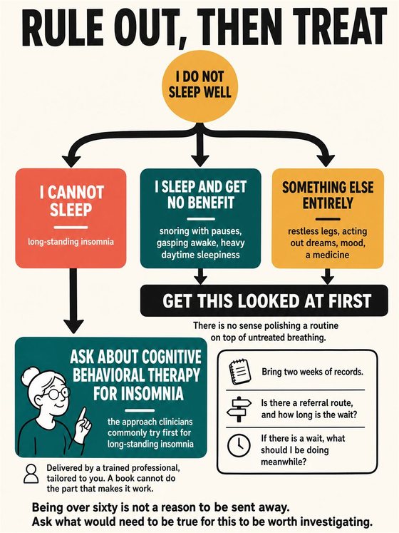 An older adult working through the practical decision represented by “when cognitive behavioral therapy for insomnia may help,” using a clear sequence, supportive environment, and realistic everyday tools.