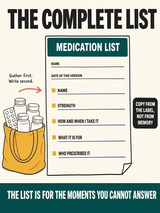 An older adult working through the practical decision represented by “the complete list,” using a clear sequence, supportive environment, and realistic everyday tools.