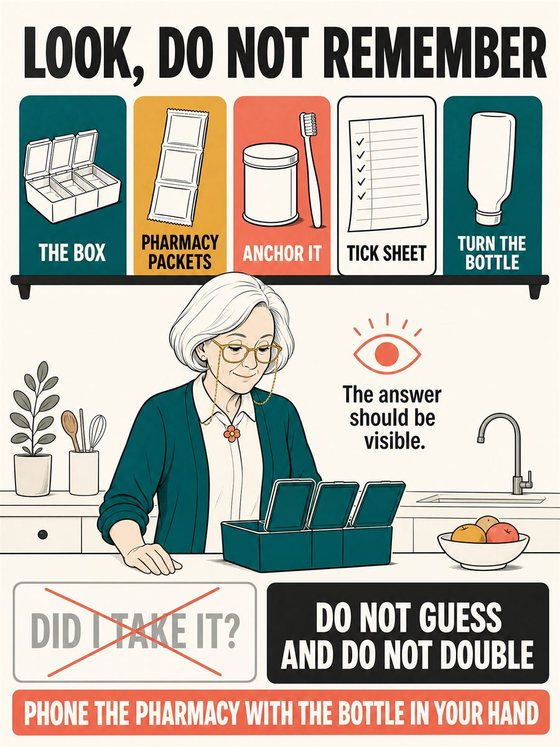 An older adult using a tablet to turn a practical question into a clear answer, with simple visual cues for question, refinement, and verification.