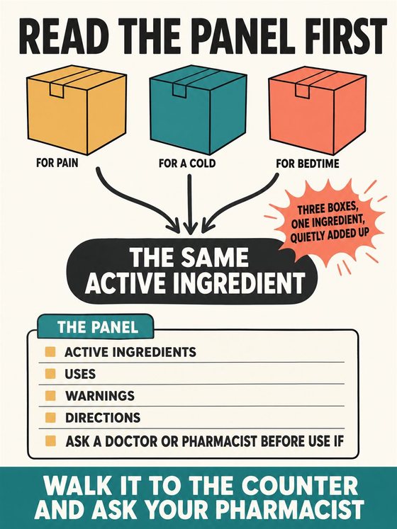An older adult working through the practical decision represented by “over-the-counter does not mean risk-free,” using a clear sequence, supportive environment, and realistic everyday tools.
