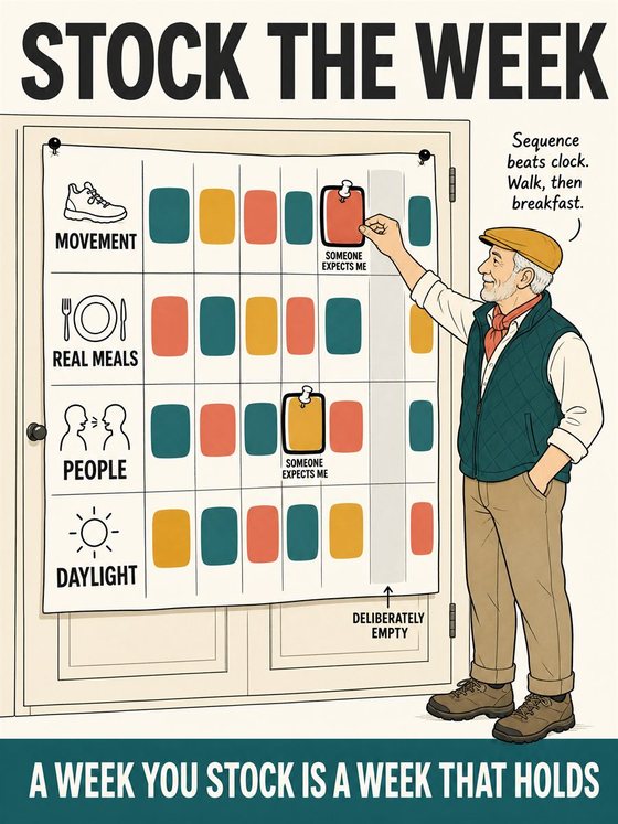 An older adult working through the practical decision represented by “months two and three: build the week,” using a clear sequence, supportive environment, and realistic everyday tools.