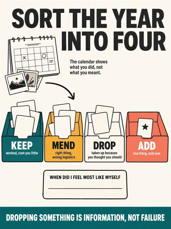An older adult working through the practical decision represented by “month twelve: review and renew,” using a clear sequence, supportive environment, and realistic everyday tools.