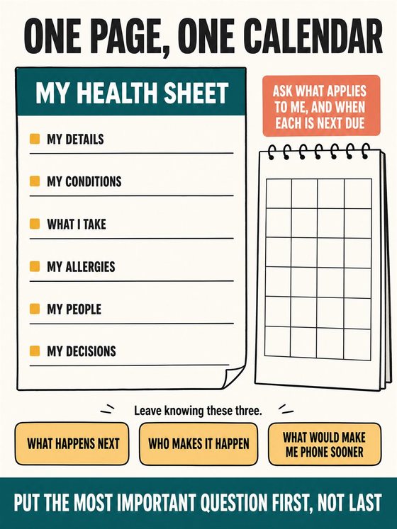 An older adult preparing questions and a concise information sheet before a medical appointment, without diagnostic imagery.