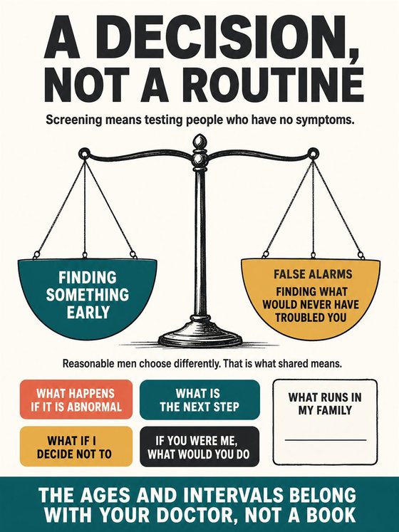 An older adult working through the practical decision represented by “cancer screening and shared decisions,” using a clear sequence, supportive environment, and realistic everyday tools.