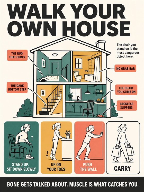 An older adult performing a safe functional movement near sturdy support in a bright home or community setting.