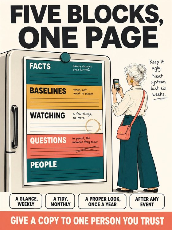 An older adult preparing questions and a concise information sheet before a medical appointment, without diagnostic imagery.