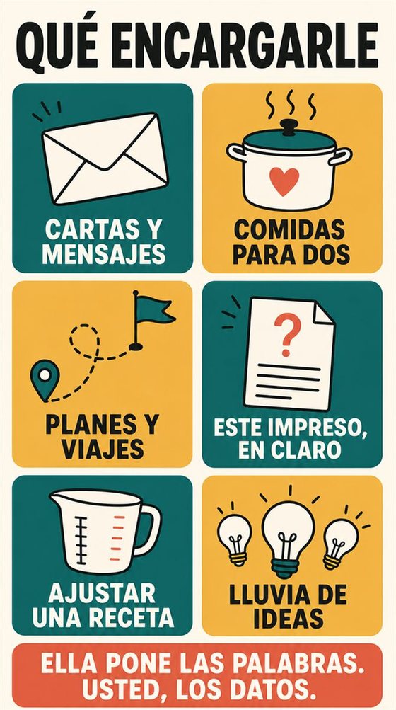 Una persona mayor usa una tableta para convertir una pregunta práctica en una respuesta clara, con señales visuales sencillas de pregunta, ajuste y comprobación.
