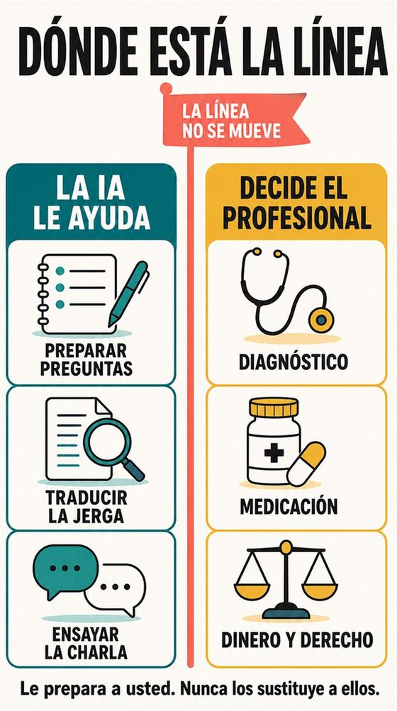 Una persona mayor prepara preguntas y una hoja breve de información antes de una consulta médica, sin imágenes diagnósticas.