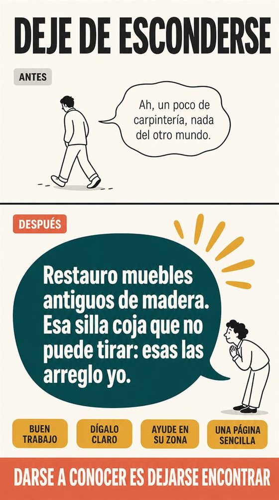 Una persona mayor resuelve la decisión práctica de «darse a conocer sin sentirse en un escenario», con una secuencia clara, un entorno amable y herramientas corrientes.