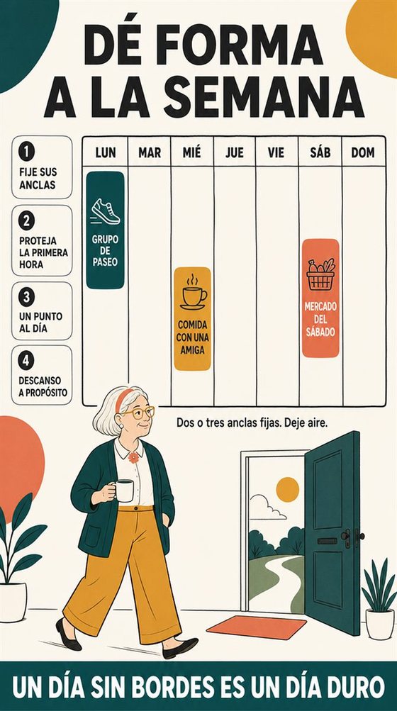 Una persona mayor resuelve la decisión práctica que representa «construir una semana que dé forma a su vida», con una secuencia clara, un entorno acogedor y herramientas cotidianas.