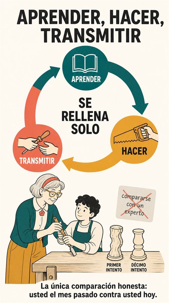 Una persona mayor practica una destreza nueva en sesiones cortas y concentradas, y el progreso se ve a lo largo de varios intentos.