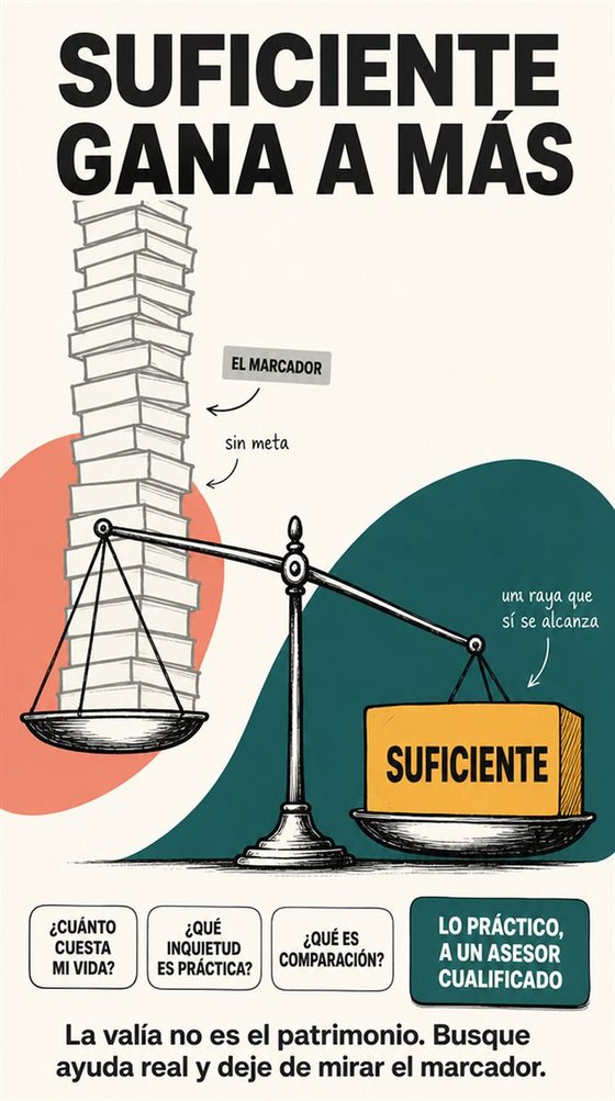 Una persona mayor compara con calma dos opciones sobre una mesa, con una calculadora y las categorías bien separadas, sin cifras de dinero a la vista.