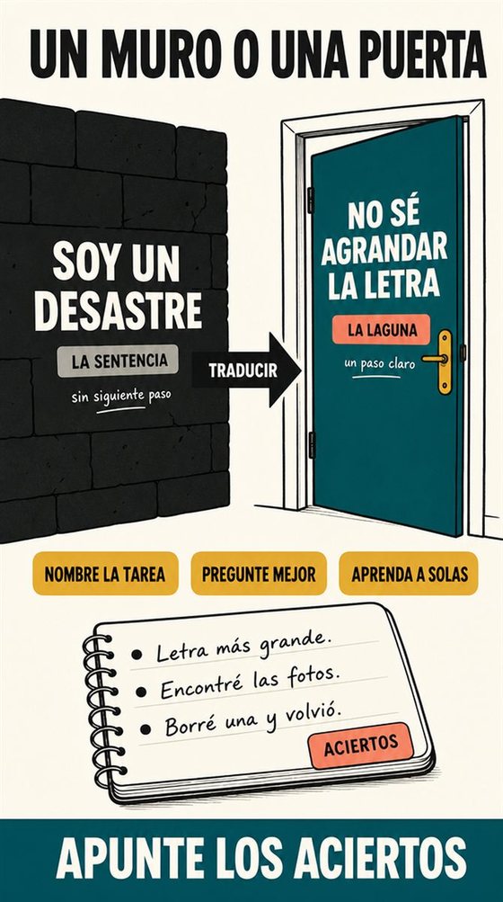 Una persona mayor resuelve la decisión práctica que representa «usted no se le da mal la tecnología», con una secuencia clara, un entorno acogedor y herramientas cotidianas realistas.