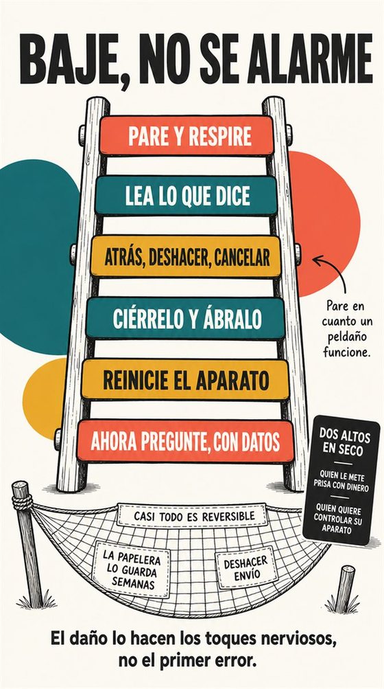 Una persona mayor deshace con calma sus pasos en un aparato, usando atrás, deshacer y las pistas de ayuda, sin mostrar angustia.