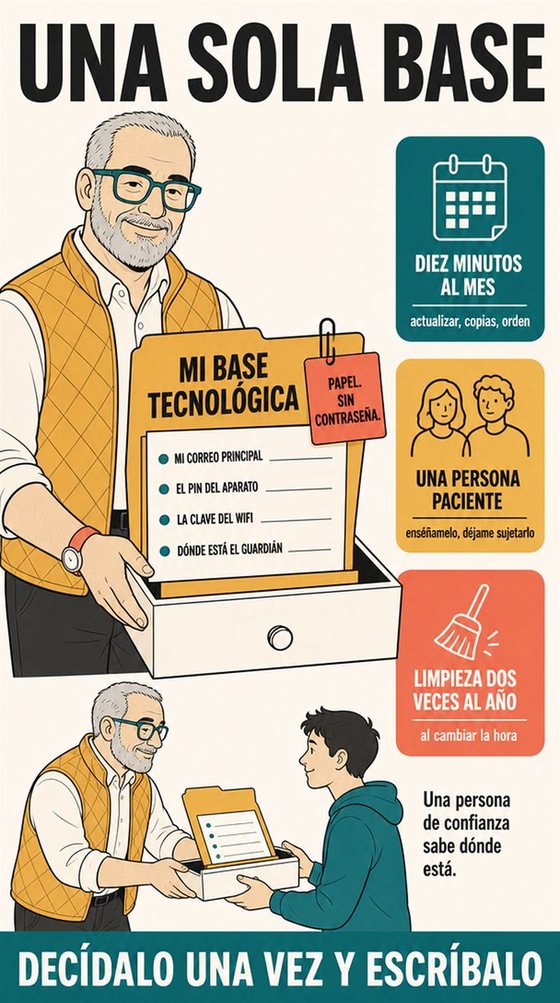 Una persona mayor sigue una rutina doméstica sencilla y repetible con tres etapas claras.