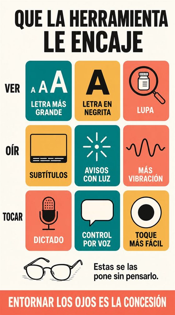 Una persona mayor resuelve la decisión práctica que representa «las funciones de accesibilidad que facilitan la tecnología», con una secuencia clara, un entorno acogedor y herramientas cotidianas realistas.