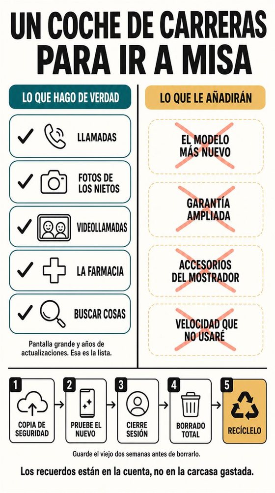 Una persona mayor resuelve la decisión práctica que representa «comprar, sustituir y deshacerse de aparatos con cabeza», con una secuencia clara, un entorno acogedor y herramientas cotidianas realistas.