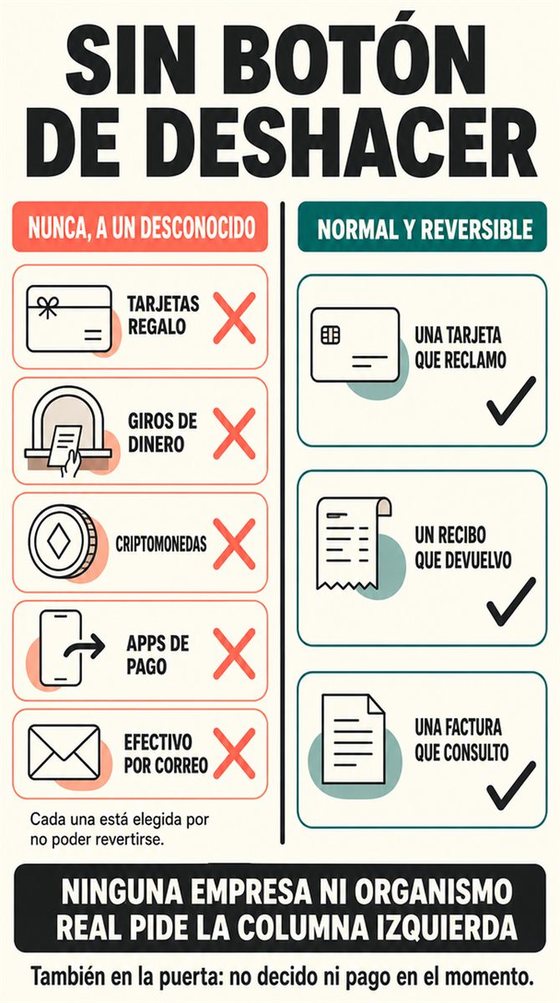 Una persona mayor se detiene antes de reaccionar a una llamada o un mensaje sospechoso y lo comprueba por su cuenta a través de un segundo canal de confianza.