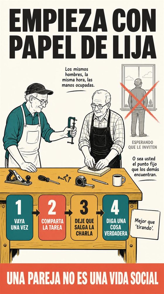 Personas mayores que se relacionan en un paseo, una mesa compartida, una clase o una actividad de voluntariado, en un espacio comunitario acogedor.