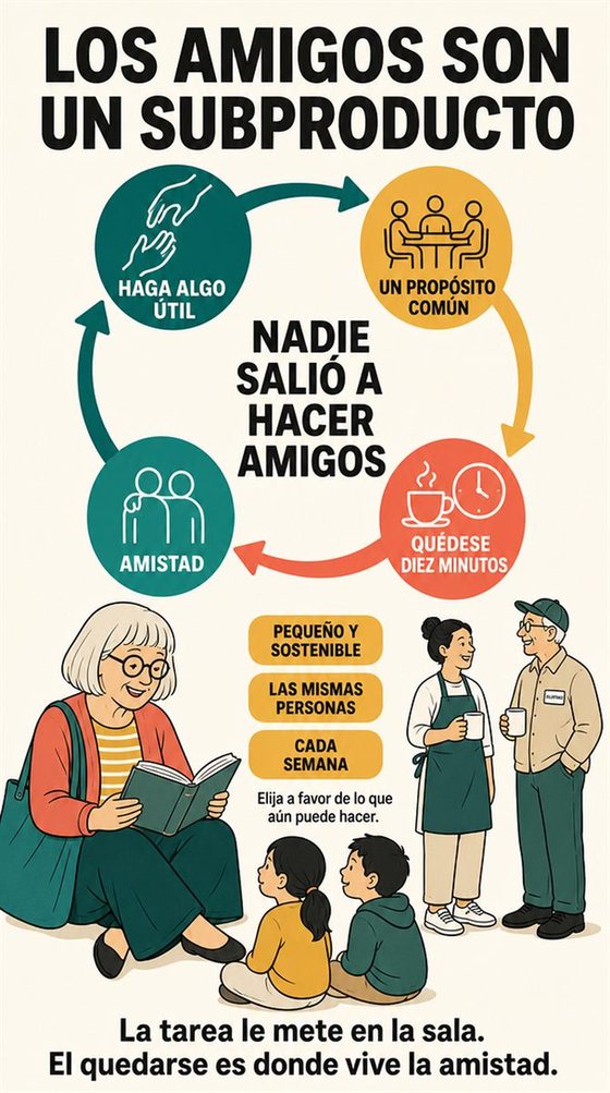 Personas mayores que se relacionan en un paseo, una mesa compartida, una clase o una actividad de voluntariado, en un espacio comunitario acogedor.