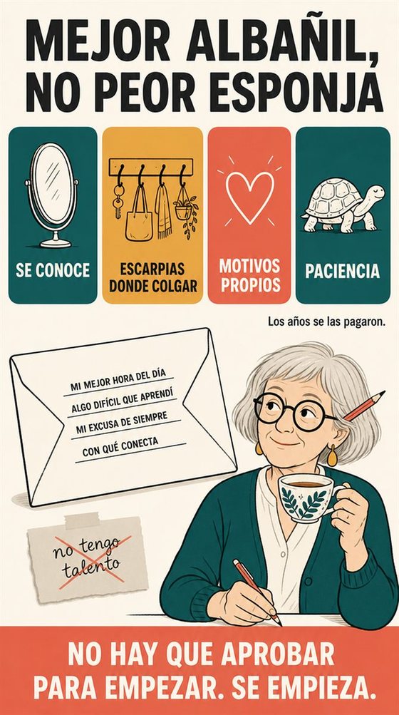 Una persona mayor practica una habilidad nueva en sesiones cortas y concentradas, con el avance visible a lo largo de varios intentos.