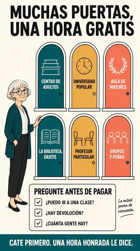 Una persona mayor practica una habilidad nueva en sesiones cortas y concentradas, con el avance visible a lo largo de varios intentos.