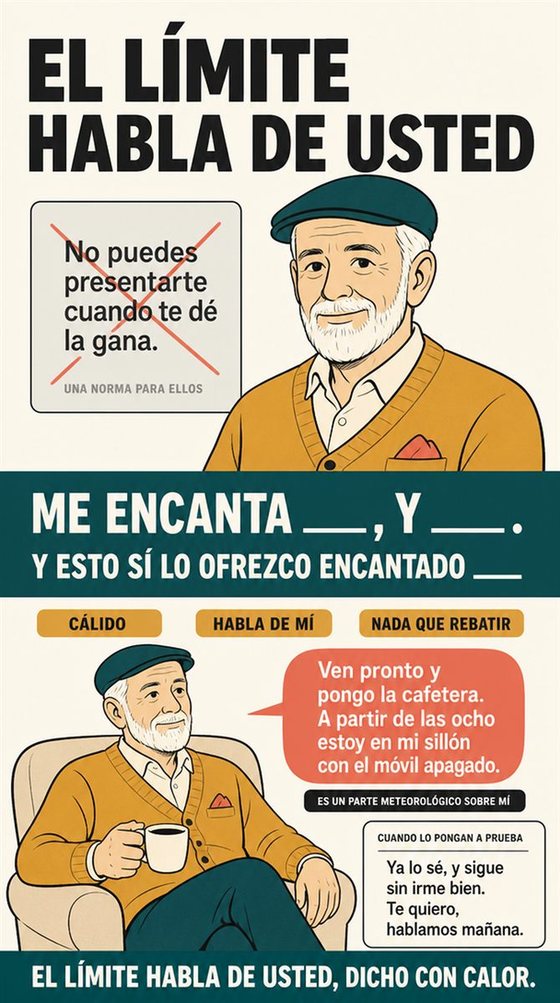 Una persona mayor resuelve con calma la decisión práctica que representa «límites que se pueden entender», con una secuencia clara, un entorno amable y objetos cotidianos.