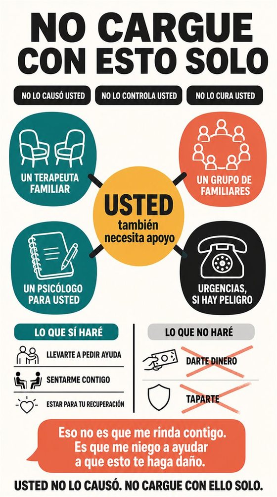 Una persona mayor resuelve con calma la decisión práctica que representa «cuando hay una adicción o una crisis», con una secuencia clara, un entorno amable y objetos cotidianos.