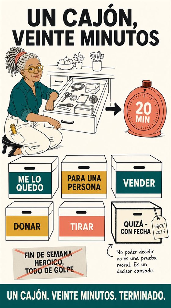 Una persona mayor recorre una rutina doméstica sencilla y repetible, con tres etapas bien marcadas.