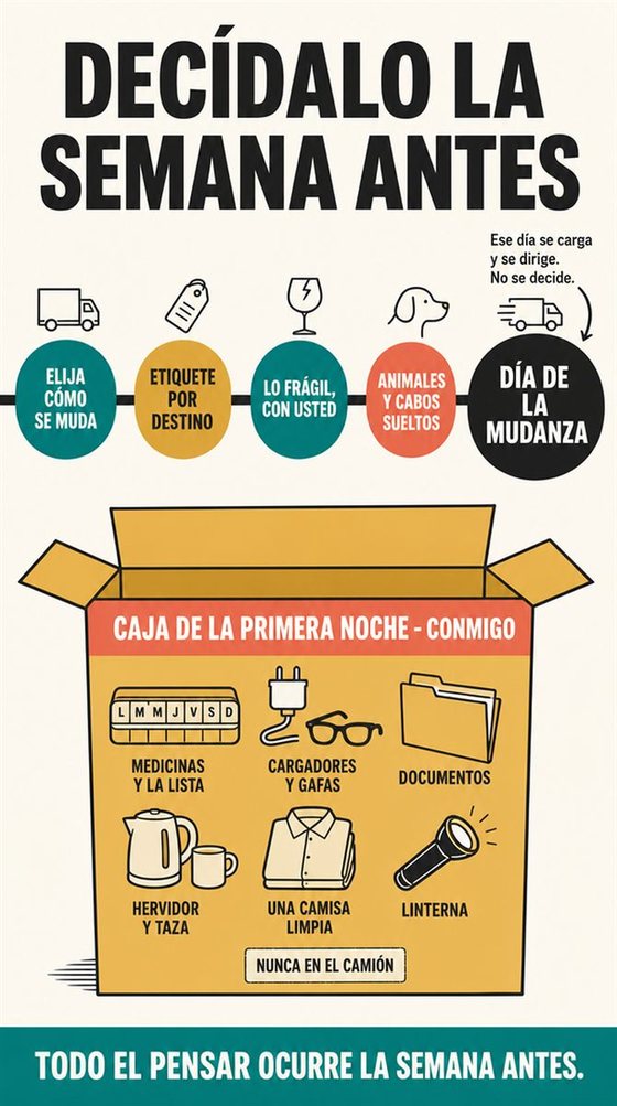 Una persona mayor clasifica sus pertenencias en categorías de quedarse, compartir, vender, donar y soltar, en una habitación luminosa y despejada.