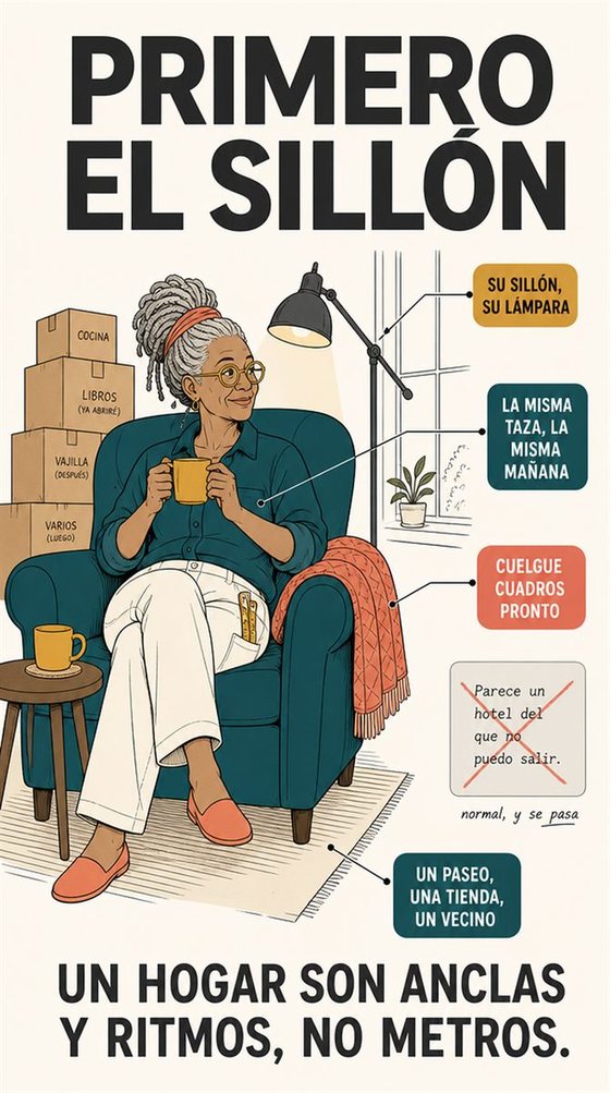 Una persona mayor clasifica sus pertenencias en categorías de quedarse, compartir, vender, donar y soltar, en una habitación luminosa y despejada.