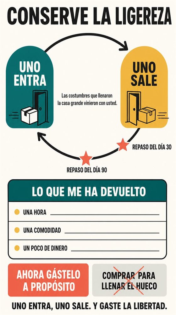 Una persona mayor clasifica sus pertenencias en categorías de quedarse, compartir, vender, donar y soltar, en una habitación luminosa y despejada.