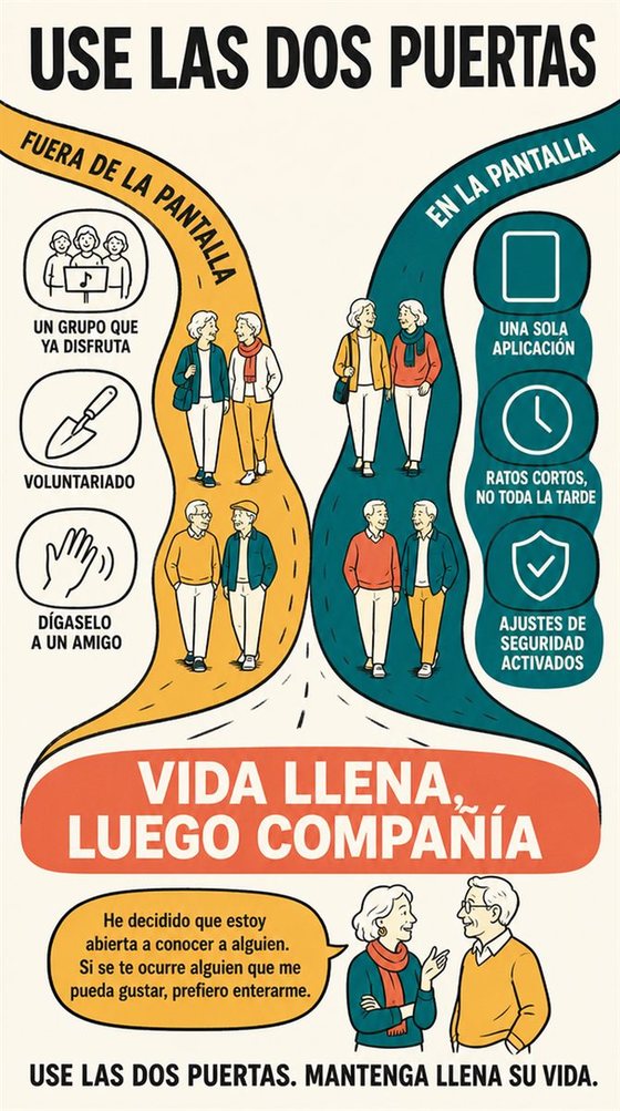 Una persona mayor resuelve la decisión práctica que representa «conocer gente dentro y fuera de la pantalla», con una secuencia clara, un entorno acogedor y herramientas corrientes.