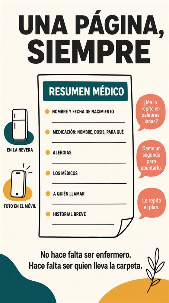 Una persona mayor prepara sus preguntas y una hoja de información breve antes de una consulta médica, sin imágenes de diagnóstico.