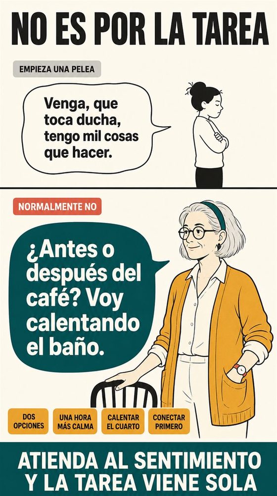 Una persona mayor usa una tableta para convertir una pregunta práctica en una respuesta clara, con señales visuales sencillas de pregunta, ajuste y comprobación.