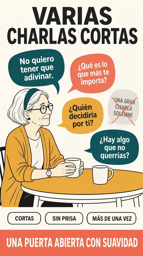 Dos personas mantienen una conversación tranquila cara a cara, con postura abierta, una petición clara y escucha respetuosa.