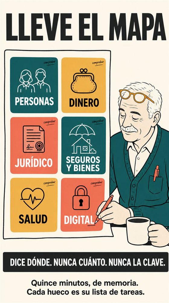 Una persona mayor resuelve la decisión práctica que representa «el mapa de la información esencial», con una secuencia clara, un entorno acogedor y herramientas corrientes.